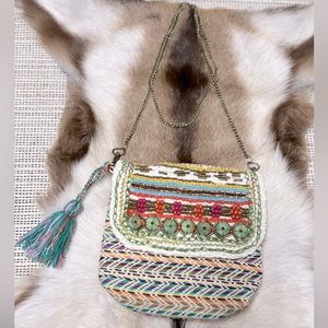 Fabulous MJ NY bohemian multicolored tassel beaded woven clutch crossbody